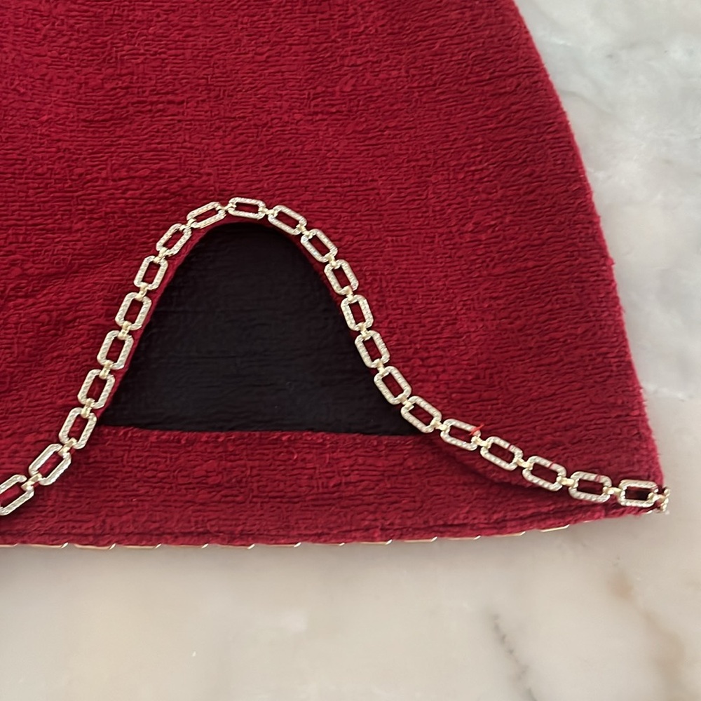 Zara Textured Tweed Boucle Asymmetric Chain Trim Mini Dress Red Gold Chain Sz L - Picture 13 of 17